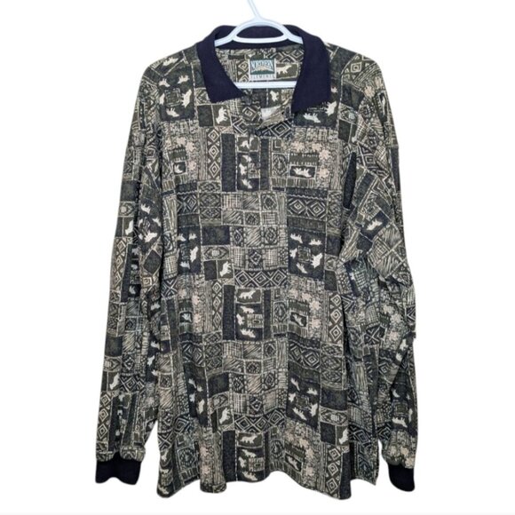 Vintage Northern Elements 90s Wolf Patchwork Fabric Long Sleeve Polo 2XL - Picture 1 of 9